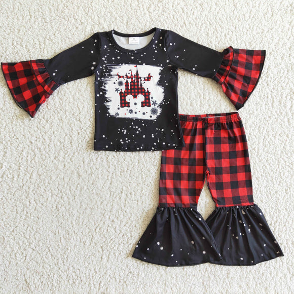 Promotional Cartoon Castle Plaid Girls Christmas Outfits