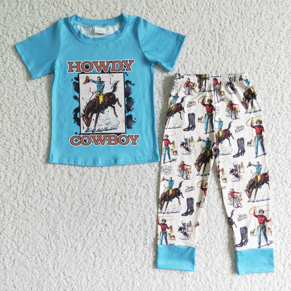 Promotional Howdy Cowboy Sky Blue Boys Short Sleeve+Trousers Sets