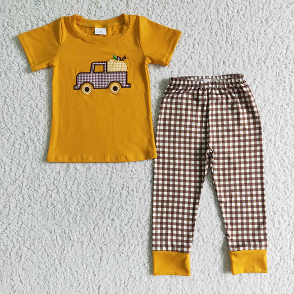 Pumpkin Truck Embroidery Plaid Orange Boys Short Sleeve+Trousers Sets