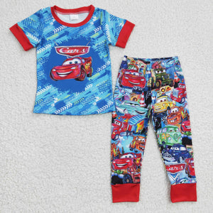 Cartoon Red Car Blue Boys Short Sleeve+Trousers Sets