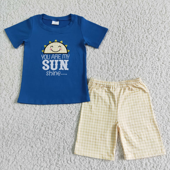 You Are My Sunshine Embroidery Yellow Plaid Blue Boys Shorts Sets