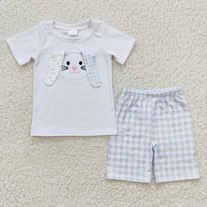 Bunny White Blue Plaid Boys Easter Outfits