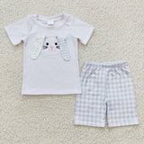 Bunny White Blue Plaid Boys Easter Outfits