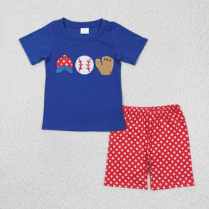 Baseball Embroidery Blue Red Boys Shorts Sets