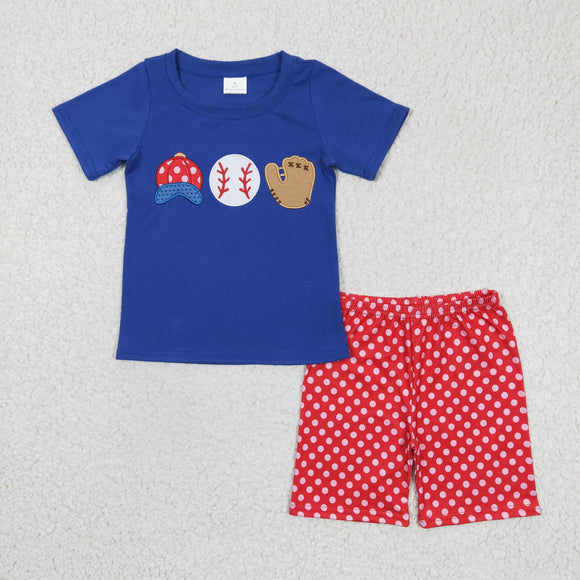 Baseball Embroidery Blue Red Boys Shorts Sets