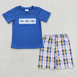 Shark Plaid Blue Boys Shorts Sets