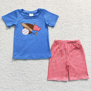 Baseball Plaid Red Blue Boys Shorts Sets