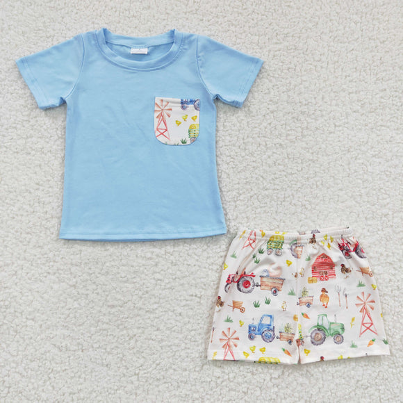 Pocket Farm Tractor Animals Sky Blue Boys Shorts Sets