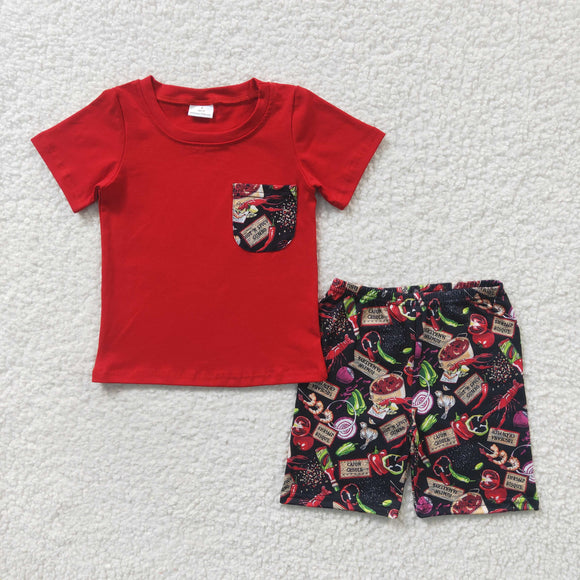 Crawfish Vegetable Black Red Boys Shorts Sets