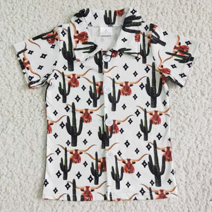 Highland Cow Cactus White Shirts Turn Down Collar Boys Short Sleeve Top