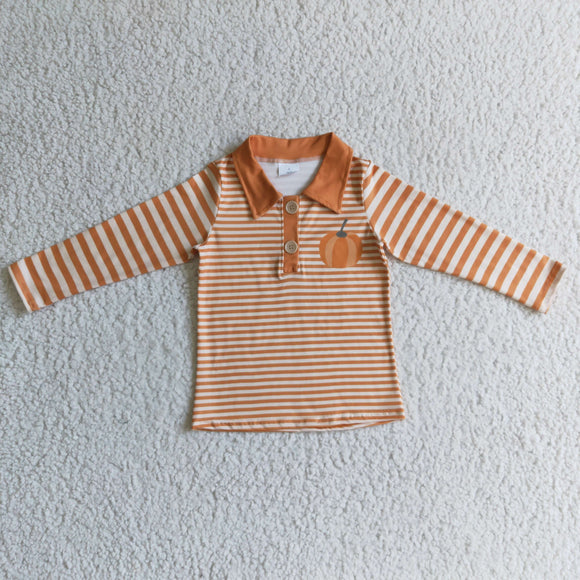 Pumpkin Orange Stripe Polo Boys Long Sleeve Top