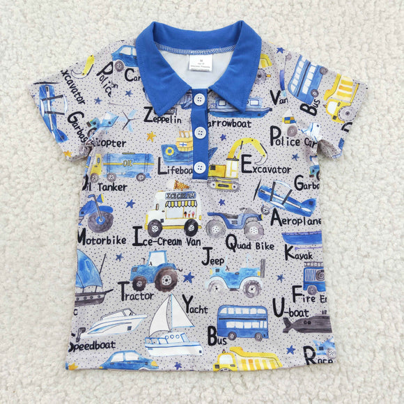 Cars Letters Blue Gray Boys Short Sleeve Top