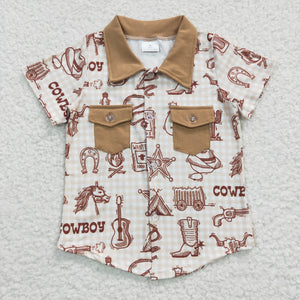 Cowboy Plaid Pockets Beige Boys Short Sleeve Top