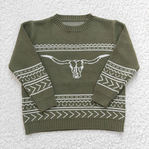 Highland Cow Green Kids Sweaters