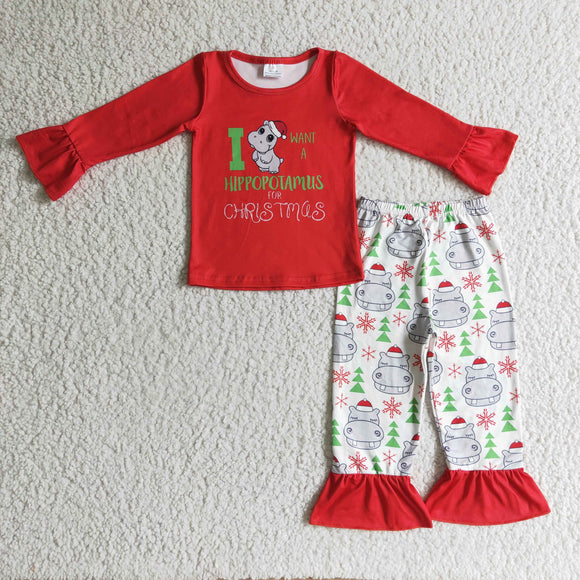 Hippopotamus Letters Red Girls Christmas Outfits