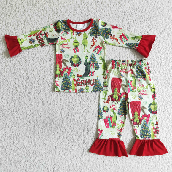 Cartoon Green Red Girls Christmas Pajamas