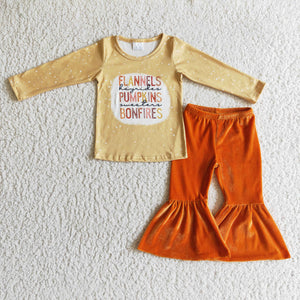 Pumpkins Letters Orange Velvet Girls Long Sleeve+Trousers Sets