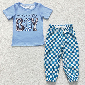 Mama's Boy Blue Plaid Boys Short Sleeve+Trousers Sets