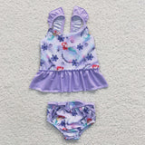 Cartoon Mermaid Floral Purple Girls Swimsuits