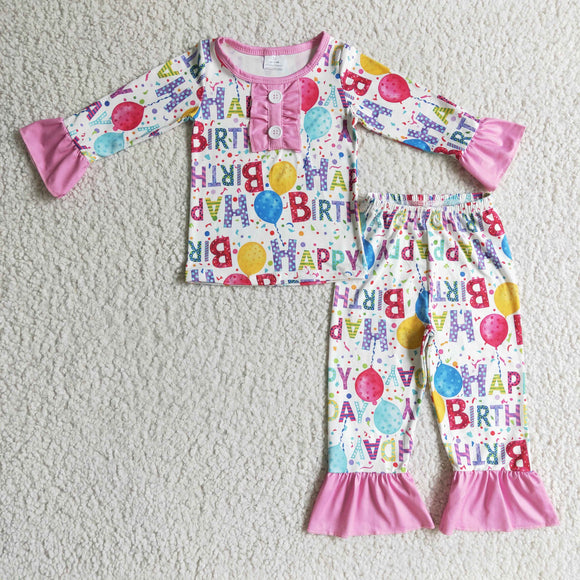 Happy Birthday Balloon Pink Girls Long Sleeve Pajamas