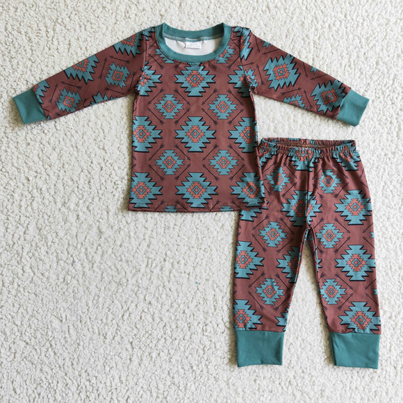 Aztec Brown Blue Boys Long Sleeve Pajamas