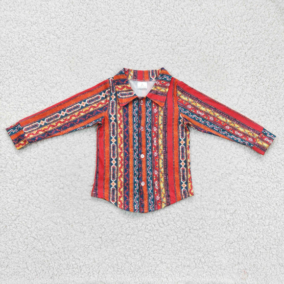 Promotional Aztec Collar Red Stripe Polo Boys Long Sleeve Top