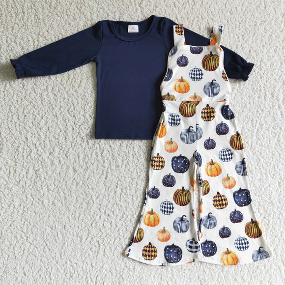 Navy Top Pumpkin Girls Overalls Sets