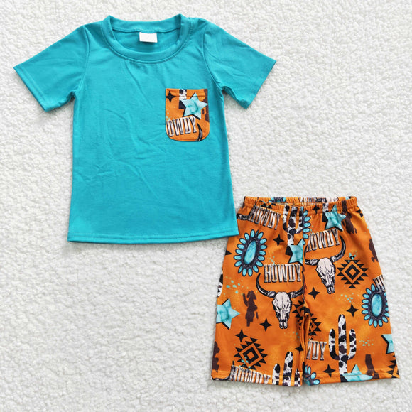 Howdy Highland Cow Pocket Blue Orange Boys Shorts Sets
