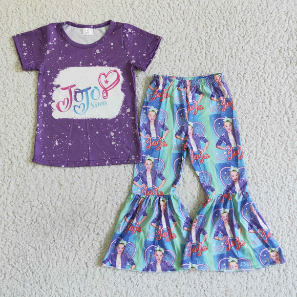 Promotional Cartoon Letters Purple Girls Short Sleeve+Trousers Sets