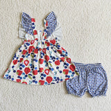 Promotional Strawberry Blue Plaid Girls Shorts Sets