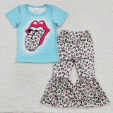 Promotional Blue Leopard Print Girls Short Sleeve+Trousers Sets