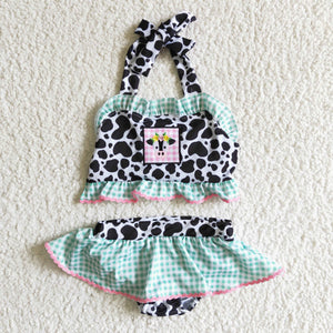 Cow Embroidery Green Plaid Girls Swimsuits