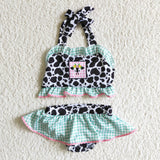 Cow Embroidery Green Plaid Girls Swimsuits
