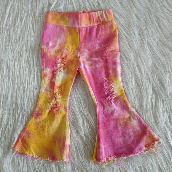 Pink Yellow Tie Dye Distressed Flared Girls Jeans Pants