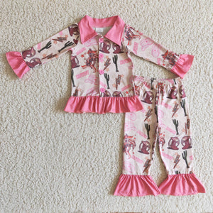 Howdy Cowgirl Boots Collar Pink Girls Long Sleeve Pajamas