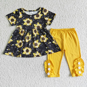 Promotional Sunflower Black Yellow Girls Short Sleeve+Trousers Sets