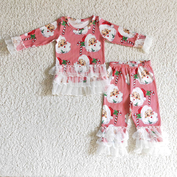 Promotional Santa Red Stripes Lace Ruffles Girls Christmas Outfits