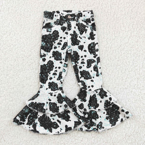 Cow Print Black White Flared Girls Jeans Pants