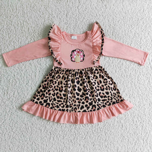 Turkey Embroidery Leopard Print Pink Girls Thanksgiving Dress