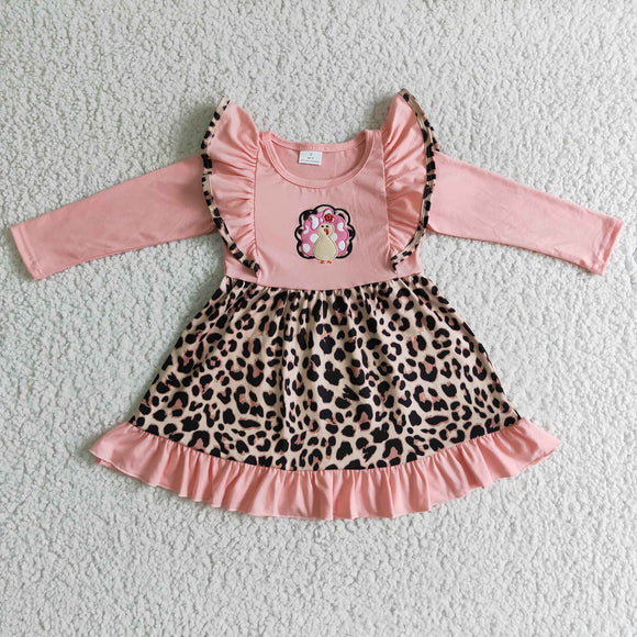 Turkey Embroidery Leopard Print Pink Girls Thanksgiving Dress