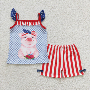 Pig Blue Plaid Red Stripe Girls 4th of July Outfits