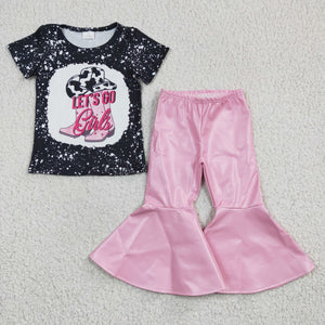 Let's go Cowgirl Black Pink Girls Short Sleeve+Trousers Sets