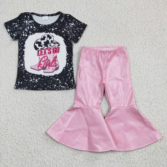 Let's go Cowgirl Black Pink Girls Short Sleeve+Trousers Sets