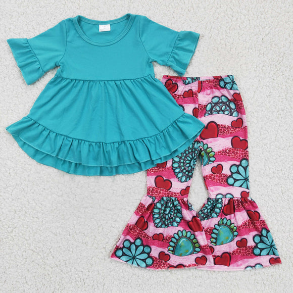 Promotional Solid Green Gems Love Girls Short Sleeve+Trousers Sets