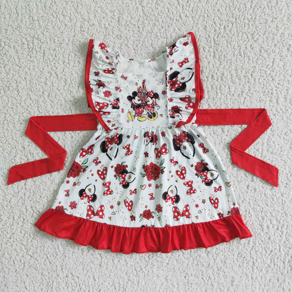 Promotional Cartoon Red White Girls Flutter Sleeve Dress