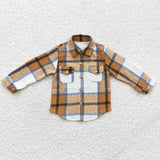 Pockets Brown White Plaid Shirt Boys Long Sleeve Top