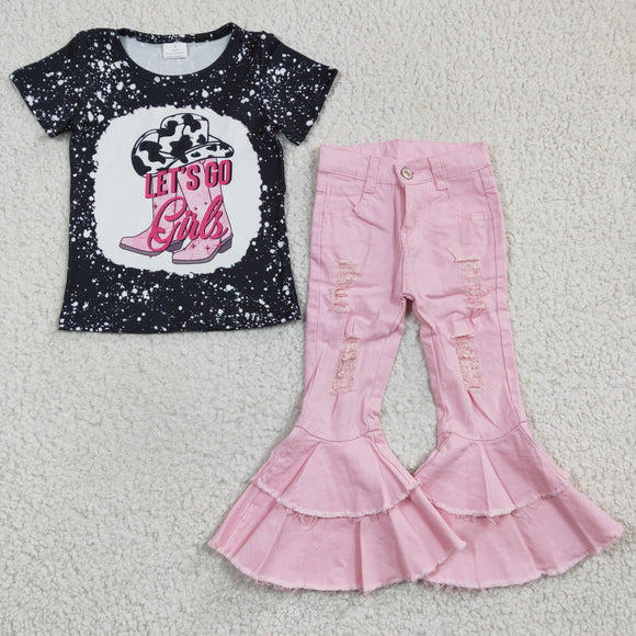 Let's go Cowgirl Pink Jeans Girls Short Sleeve+Trousers Set