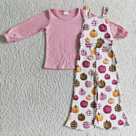 Pink Top Pumpkin Girls Overalls Sets