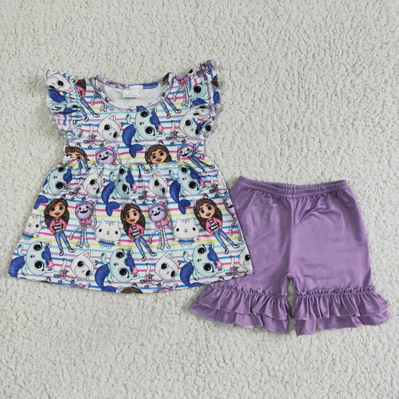 Promotional Cartoon Purple Stripes Girls Shorts Sets