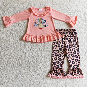 Turkey Embroidery Leopard Print Pompom Pink Girls Thanksgiving Outfits